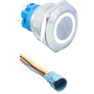 Bot&atilde;o pulsador met&aacute;lico de cabe&ccedil;a plana 22 mm para painel 110-220V imperme&aacute;vel moment&acirc;neo com retorno autom&aacute;tico, LED branco e s