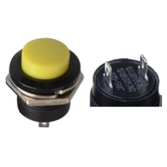 Bot&atilde;o de press&atilde;o amarelo R13-507 16 mm 2 pinos, moment&acirc;neo com retorno autom&aacute;tico, c&uacute;pula redonda para painel