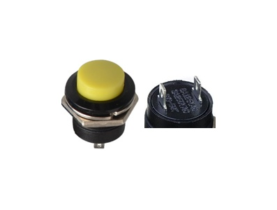 Bot&atilde;o de press&atilde;o amarelo R13-507 16 mm 2 pinos, moment&acirc;neo com retorno autom&aacute;tico, c&uacute;pula redonda para painel - Imagem 1