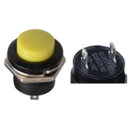 Bot&atilde;o de press&atilde;o amarelo R13-507 16 mm 2 pinos, moment&acirc;neo com retorno autom&aacute;tico, c&uacute;pula redonda para painel