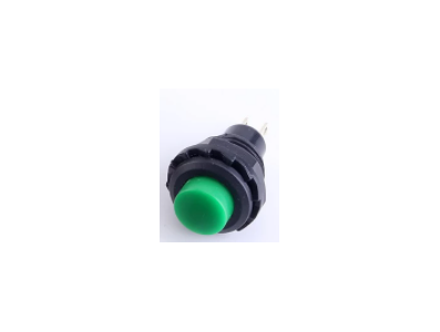 Bot&atilde;o pulsador verde R13-502 12 mm 2 pinos moment&acirc;neo com retorno autom&aacute;tico capuz redondo - Imagem 1