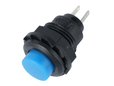 Bot&atilde;o pulsador moment&acirc;neo R13-502 azul 12 mm 2 pinos, capuz redondo e retorno autom&aacute;tico - Imagem 1