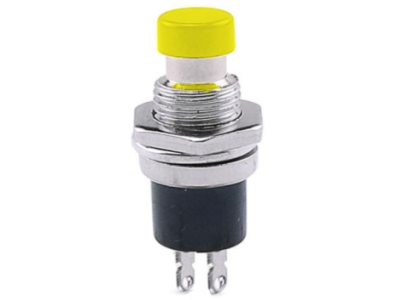 Bot&atilde;o interruptor moment&acirc;neo PBS-110, 2 pinos, rosca 7 mm, retorno autom&aacute;tico (Press-On NO), amarelo - Imagem 1