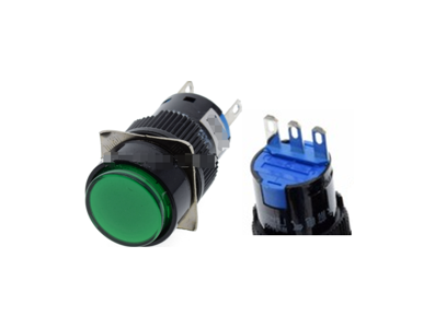 Bot&atilde;o pulsador redondo verde LA128A 24V 3 pinos rosca 16 mm auto-travamento - Imagem 1