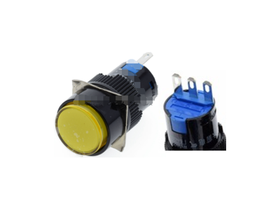 Interruptor de bot&atilde;o redondo amarelo LA128A 24V 3 pinos rosca 16 mm com travamento autom&aacute;tico - Imagem 1