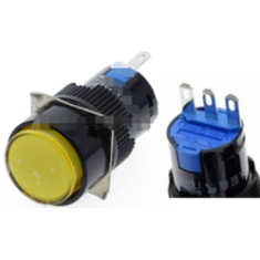 Bot&atilde;o pulsador redondo amarelo LA128A 220V 3 pinos rosca 16 mm moment&acirc;neo