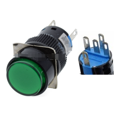 Bot&atilde;o pulsador redondo LA128A verde 220V 5 pinos rosca 16 mm com travamento para painel