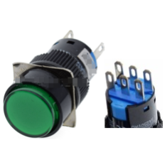 Bot&atilde;o pulsador redondo verde LA128A, 6 pinos, rosca 16 mm, retorno autom&aacute;tico