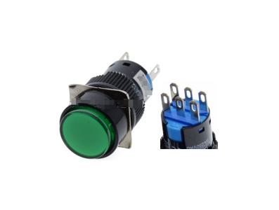 Interruptor pulsador redondo verde LA128A 24V 6 pinos rosca 16 mm auto‑travamento - Imagem 1