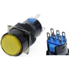 Interruptor de bot&atilde;o redondo amarelo LA128A 24V 6 pinos rosca 16 mm com travamento