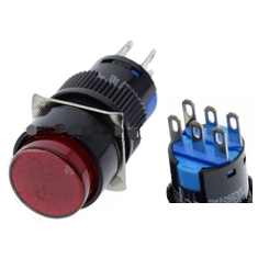 Bot&atilde;o pulsador vermelho LA128A 24V 6 pinos rosca 16 mm retorno autom&aacute;tico