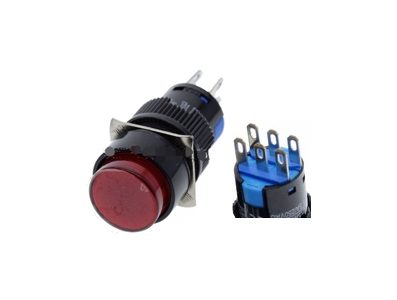 Bot&atilde;o pulsador vermelho LA128A 24V 6 pinos rosca 16 mm retorno autom&aacute;tico - Imagem 1