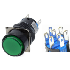 Bot&atilde;o pulsador redondo LA128A 12 V 8 pinos rosca 16 mm com travamento verde