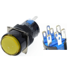 Bot&atilde;o interruptor redondo LA128A 16 mm 12 V 8 pinos amarelo com retorno autom&aacute;tico para painel
