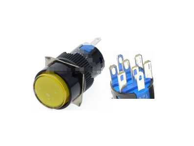 Bot&atilde;o pulsador redondo amarelo LA128A 220V 8 pinos rosca 16 mm com travamento - Imagem 1