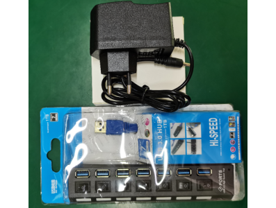 Hub USB 3.0 7 portas preto com adaptador, interruptor liga/desliga e plugue US - Imagem 1