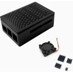 Gabinete em ABS preto listrado para Raspberry Pi 5B com ventoinha 4010 PWM e dissipador