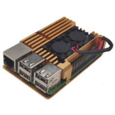 Gabinete em alum&iacute;nio dourado com duas ventoinhas para Raspberry Pi 4B