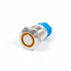 Bot&atilde;o met&aacute;lico de painel 12 mm, mini corpo curto com travamento, estanque, luz anelar amarela 12-24V, tipo pino