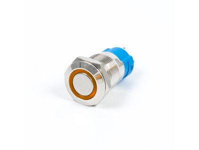 Bot&atilde;o met&aacute;lico de painel 12 mm, mini corpo curto com travamento, estanque, luz anelar amarela 12-24V, tipo pino - Imagem 1