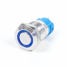Interruptor de bot&atilde;o met&aacute;lico 12 mm mini curto com travamento, estanque e anel luminoso azul 12-24V tipo pino