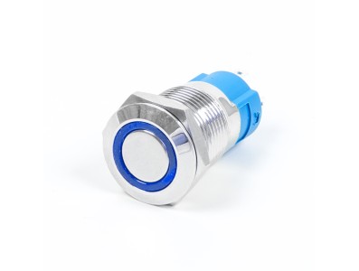 Interruptor de bot&atilde;o met&aacute;lico 12 mm mini curto com travamento, estanque e anel luminoso azul 12-24V tipo pino - Imagem 1