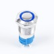 Interruptor de bot&atilde;o met&aacute;lico 12 mm mini curto com travamento, estanque e anel luminoso azul 12-24V tipo pino - Thumb - 5