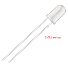 LED amarelo 5 mm, lente transparente, perna 18 mm