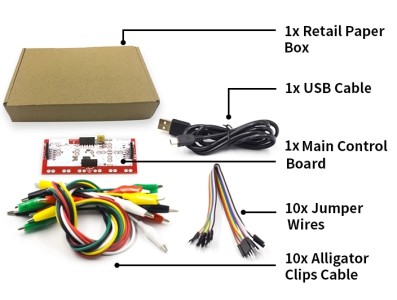 Kit Makey Deluxe sem logotipo com cabo USB, cabos Dupont e garras jacar&eacute; em caixa de papel para crian&ccedil;as - Imagem 1