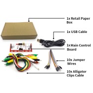 Kit Makey Deluxe sem logotipo com cabo USB, cabos Dupont e garras jacar&eacute; em caixa de papel para crian&ccedil;as