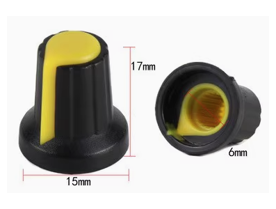 Manopla para potenci&ocirc;metro rotativo amarela, furo interno 6 mm, dimens&otilde;es externas 15 &times; 17 mm - Imagem 7