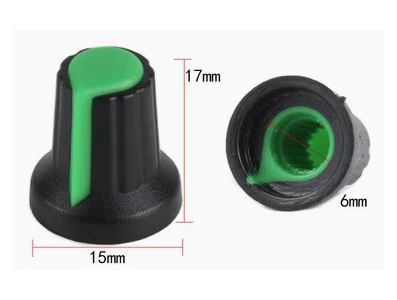 Bot&atilde;o rotativo verde para potenci&ocirc;metro, eixo interno 6 mm, dimens&otilde;es externas 15 mm x 17 mm, acess&oacute;rio Arduino - Imagem 1