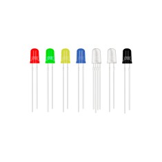 LED 3 mm com perna de 28 mm, lente transparente (water clear), cores amarelo e verde