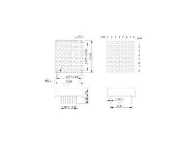 Matriz de LEDs 8x8 vermelha 64 LEDs 3 mm c&aacute;todo comum (CC) 80 mcd 32 x 32 mm - Imagem 3
