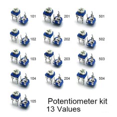 Kit 65 pe&ccedil;as potenci&ocirc;metros trimmer de ajuste superior 100 &Omega; a 1 M&Omega;, 13 tipos x5