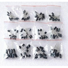 Kit sortido 120 capacitores eletrol&iacute;ticos de alum&iacute;nio, 12 valores de 0,22 &micro;F a 470 &micro;F