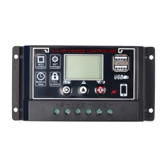 Controlador de carga solar PWM 20A 12/24V com duas portas USB e display LCD