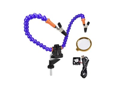 Bra&ccedil;os flex&iacute;veis de soldagem PCB multifuncional azul (3 furos 2 bra&ccedil;os + lupa + ventilador) - Imagem 1