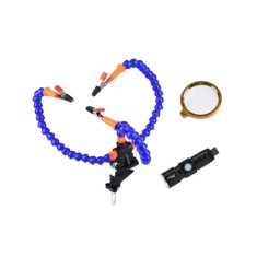 Bra&ccedil;os flex&iacute;veis de soldagem PCB multifuncional azul (3 furos 3 bra&ccedil;os + lupa + tocha el&eacute;trica)