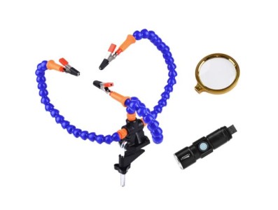 Bra&ccedil;os flex&iacute;veis de soldagem PCB multifuncional azul (3 furos 3 bra&ccedil;os + lupa + tocha el&eacute;trica) - Imagem 1