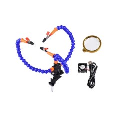 Bra&ccedil;os flex&iacute;veis de soldagem PCB multifuncional azul (3 furos 3 bra&ccedil;os + lupa + ventilador)