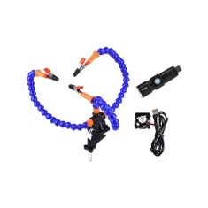 Bra&ccedil;os flex&iacute;veis de soldagem PCB multifuncional azul (3 furos 3 bra&ccedil;os + tocha el&eacute;trica + ventilador)