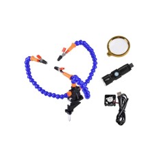 Bra&ccedil;os flex&iacute;veis de soldagem PCB multifuncional azul (3 furos 3 bra&ccedil;os + lupa + tocha el&eacute;trica + ventilador)