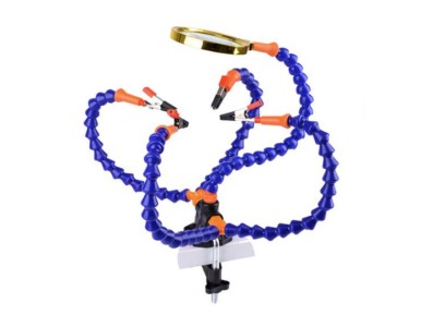 Bra&ccedil;os flex&iacute;veis de soldagem PCB multifuncional azul (3 furos 5 bra&ccedil;os + lupa) - Imagem 1