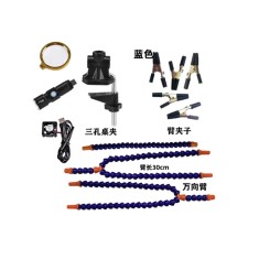 Bra&ccedil;os flex&iacute;veis de soldagem PCB multifuncional azul (3 furos 5 bra&ccedil;os + lupa + tocha el&eacute;trica + ventilador)