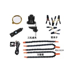 Bra&ccedil;os flex&iacute;veis de soldagem PCB multifuncional preto (3 furos 5 bra&ccedil;os + lupa + tocha el&eacute;trica + ventilador)