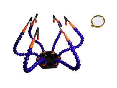 Bra&ccedil;os flex&iacute;veis de soldagem PCB multifuncional azul (6 furos 6 bra&ccedil;os + lupa) - Imagem 1
