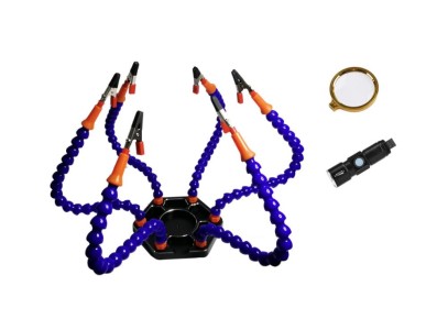 Bra&ccedil;os flex&iacute;veis de soldagem PCB multifuncional azul (6 furos 6 bra&ccedil;os + lupa + tocha el&eacute;trica) - Imagem 1