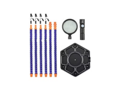 Bra&ccedil;os flex&iacute;veis de soldagem PCB multifuncional azul (6 furos 6 bra&ccedil;os + lupa preta + tocha el&eacute;trica) - Imagem 1