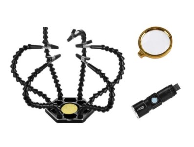 Bra&ccedil;os flex&iacute;veis de soldagem PCB multifuncional preto (6 furos 6 bra&ccedil;os + lupa + tocha el&eacute;trica) - Imagem 1
